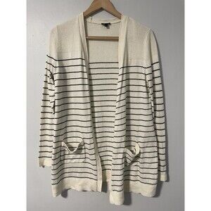 Talbots Women's Long Cardigan Open-Front‎ Sweater Ivory Black Stripes Pockets M